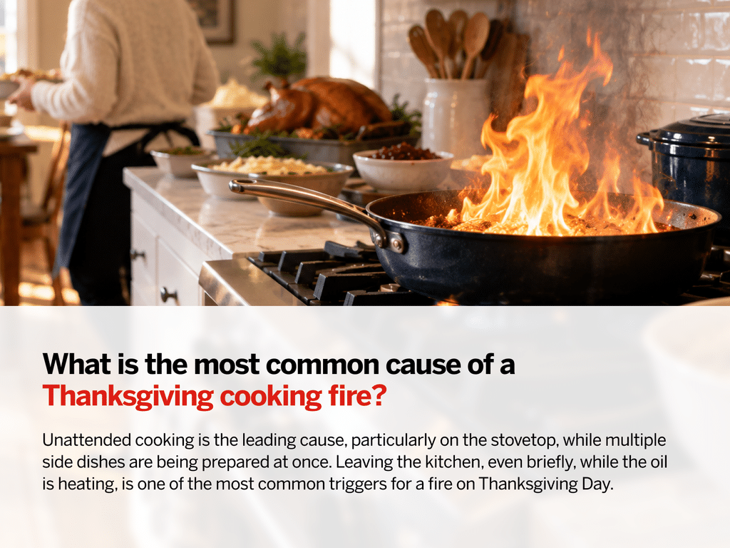 A kitchen scene with a turkey frying illustrating the common cause of Thanksgiving cooking fires