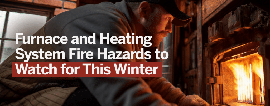 A close up of a heating system showing flames emphasizing fire safety concerns for winter heating