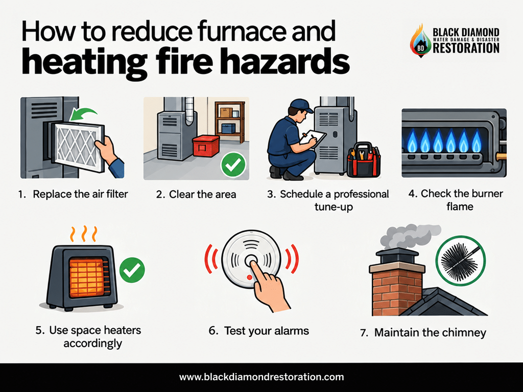 Visual guide presenting steps to minimize fire risks from heating systems focusing on safety measures